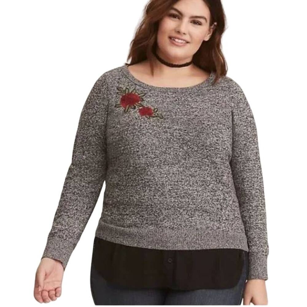 Torrid Black & White Marled Red Rose Applique Long Sleeve Top Women Sz M